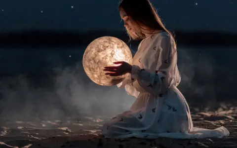 Dziewczyna w białej sukni trzyma w dłoniach świecącą kulę przypominającą księżyc. Nocne niebo, gwiazdy, mgła. Ascendent co to?