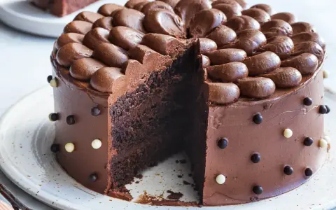 En saftig, klassisk chokladtårta med chokladfrosting och dekorationer av chokladkulor. En bit är bortskuren.