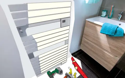 Outils de bricolage et un sèche-serviettes prêt pour sa pose.