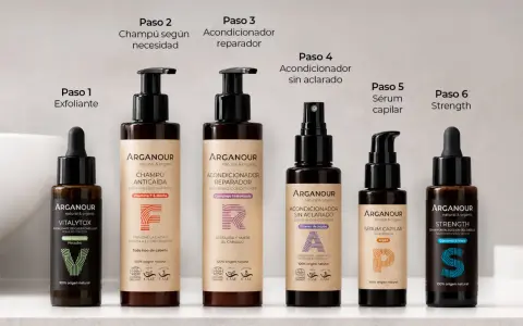 Seis productos Arganour para el cuidado del cabello, incluyendo un sérum y un aceite pelo, presentados en pasos.