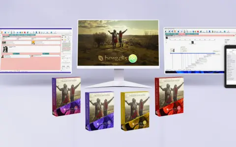 Logiciel de généalogie gratuit Heredis 26 présenté sur écrans et boîtes. Explorez votre histoire familiale avec ce logiciel intuitif.