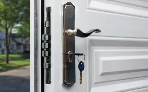 Detalle de varios tipos de cerraduras de seguridad en una puerta blanca, con una llave puesta.
