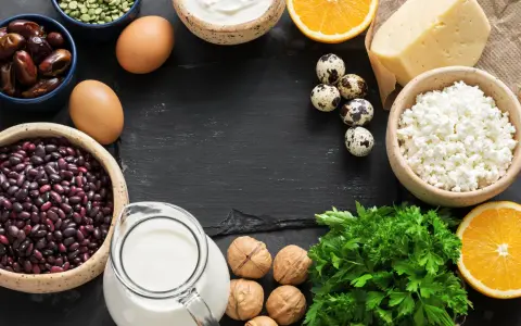 Vielfalt an Lebensmitteln mit Calcium: Milch, Käse, Quark, Eier, Bohnen, Datteln, Nüsse, Orangen und Petersilie.