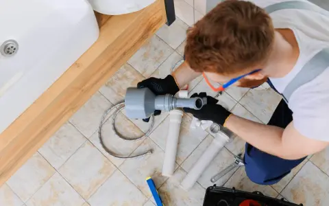 Hydraulik pracuje nad odpowietrzeniem pionu sanitarnego, zgodnie z normą. Widoczny jest zlew i narzędzia.