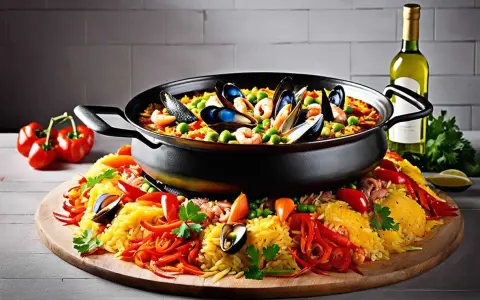 Un plat de paella royale débordant de fruits de mer, de riz jaune, de poivrons et de petits pois, prêt à être dégusté.