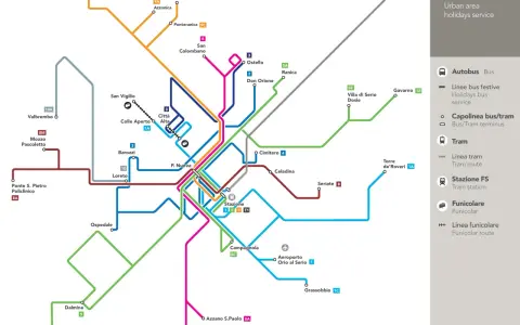 Mapa komunikacji miejskiej z zaznaczonym lotnisko Mediolan Bergamo, liniami autobusowymi, tramwajowymi i kolejowymi.
