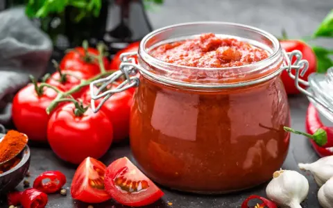 Słoik przecieru pomidorowego, świeże pomidory, czosnek i papryczki chili. Pasteryzacja przecieru pomidorowego w piekarniku to świetny sposób na jego przechowywanie.