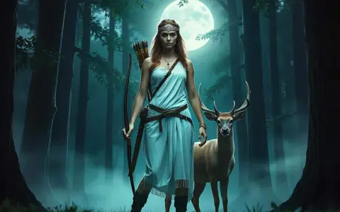 Artemis, die Göttin der Jagd, steht mit Bogen und Pfeilen im Mondlicht im Wald, ein Hirsch an ihrer Seite.