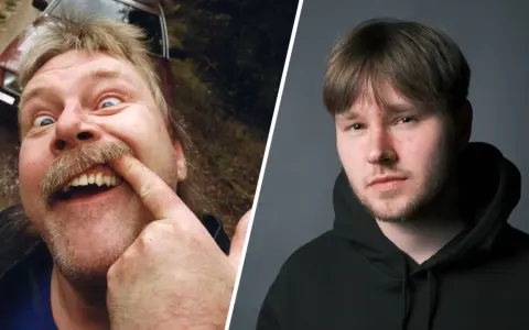 Två bilder sida vid sida: en man med mustasch som petar sig i näsan, och en ung man i hoodie. Kanske Eddie Meduzas son?