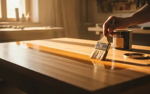 Mano che applica la finitura legno su un tavolo con un pennello, creando una superficie lucida e protetta.