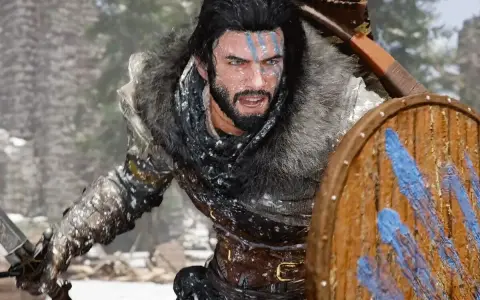 Guerrero con pintura facial azul y roja, escudo de madera y espada, listo para la batalla en un paisaje nevado, como en el **crimson desert denuvo**.