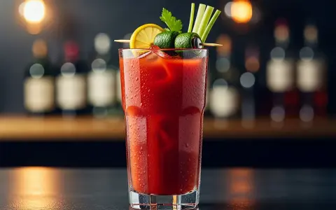 En glas blodig mary med is, garnerad med citron, gurka och selleri. Perfekt för en brunch.