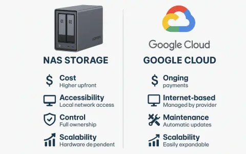 Comparaison entre le stockage NAS et Google Cloud. Le NAS offre un stockage ordinateur local, avec un coût initial élevé mais un contrôle total.