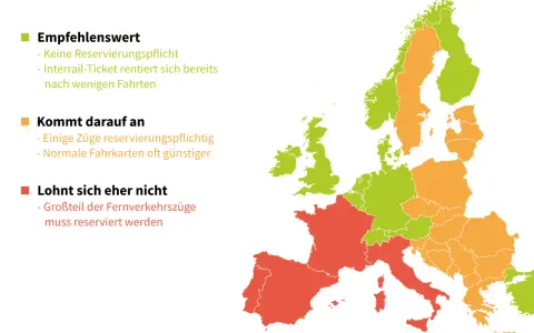 Europakarte zeigt, wo sich eine Europareise mit dem Zug lohnt. Grün: Empfehlenswert, keine Reservierung. Orange: Kommt darauf an. Rot: Eher nicht, viele Reservierungen nötig.