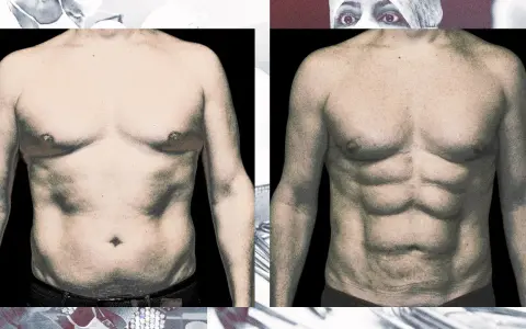 Vorher-Nachher-Vergleich: Bauchmuskeltraining bis man was sieht. Links ein weicher Bauch, rechts ein definierter Sixpack.