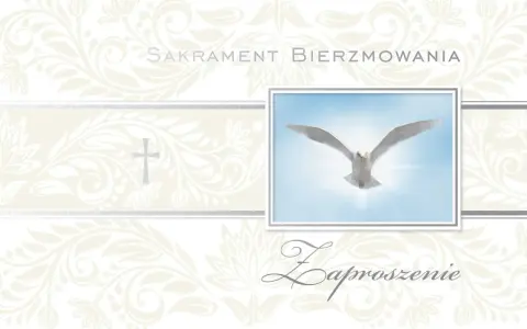 Eleganckie zaproszenie na bierzmowanie z motywem gołębicy i krzyża. Tekst zaproszenia jest ozdobiony subtelnymi wzorami.