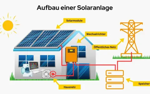 Schematischer Aufbau einer PV-Anlage mit Speicher: Solarmodule auf dem Dach speisen einen Wechselrichter, der Strom für das Hausnetz und den Speicher liefert. Überschüssiger Strom geht ins öffentliche Netz.