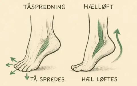 Illustrationer visar hur muskler i foten arbetar vid tåspridning och hällyft.