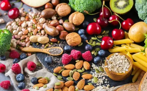 Zróżnicowane produkty spożywcze: owoce, warzywa, orzechy, nasiona, płatki owsiane i makaron.