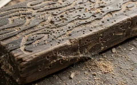Un morceau de bois rongé par la vermoulure, montrant les galeries creusées par les insectes. Un traitement est nécessaire pour sauver ce bois.