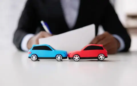 Dwa modele samochodów, niebieski i czerwony, stoją naprzeciw siebie. W tle osoba w garniturze podpisuje dokumenty. To może być mubi promocja.