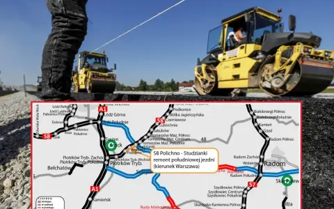 Na mapie zaznaczono remont południowej jezdni drogi S8 Polichno - Studzianki (kierunek Warszawa). W tle walec drogowy ubija nawierzchnię.