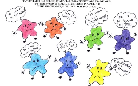 Disegno di stelle colorate che litigano, con fumetti che esprimono vanità. Un esempio di testi sull'amicizia scuola primaria.