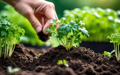 Main d'un jardinier ajoutant de la terre autour d'un jeune plant de persil, prêt à planter du persil en pleine terre.