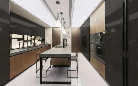 Cucina moderna Valcucine SPA con isola centrale in marmo, pensili neri lucidi e finiture in bronzo.