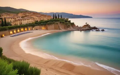 En idyllisk strand med turkost vatten och en stad i toscansk stil. En dröm om badorter i Toscana.