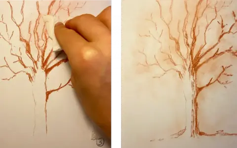 Un dessin sanguine d'un arbre aux branches fines, une main estompe le trait.