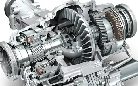 Corte transversal de un diferencial coche, mostrando engranajes cónicos, rodamientos y embragues multidisco.