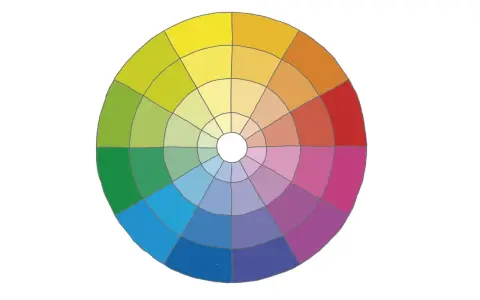 Un círculo cromatico con tonos de amarillo, verde, azul, morado, rosa y rojo, mostrando la armonía de los colores.