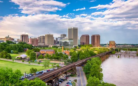 A scenic view of Richmond, VA, showcasing the city skyline, a river, and a railway bridge. Perfect for a weekend getaway.
