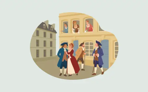 Escena de la antigua lengua francesa: hombres y mujeres con vestimenta de época pasean y conversan en una calle adoquinada.