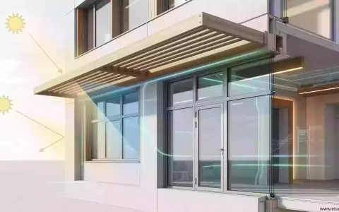 Le soleil frappe un bâtiment moderne. Une casquette de bâtiment protège les fenêtres du soleil, tandis que des flux d'air verts indiquent la ventilation.