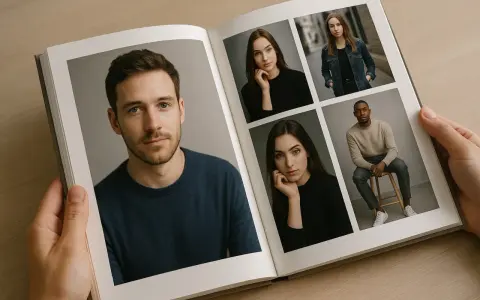 Un livre ouvert présente des portraits. Sur la gauche, un homme au regard intense. À droite, quatre portraits de jeunes femmes et un homme, montrant comment bien cadrer une photo pour un portfolio.