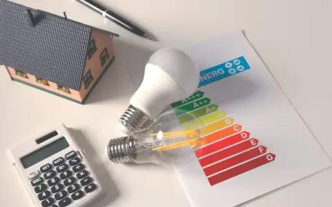 Casa modelo, bombillas, calculadora y etiqueta de eficiencia energética. Planifica la eficiencia energética de tu hogar.