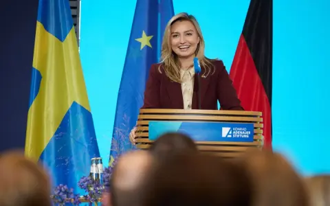 Frau spricht über den Strompreis in Schweden, flankiert von schwedischer und deutscher Flagge.