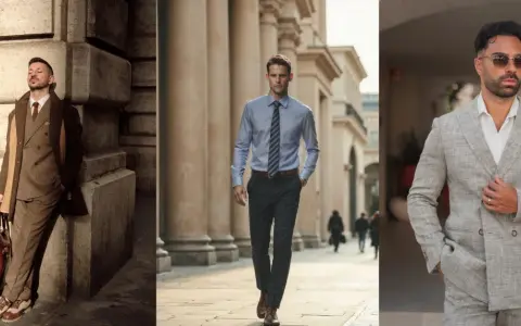 Uomo con outfit nero e marrone, completo sartoriale, camicia azzurra e abito grigio chiaro.
