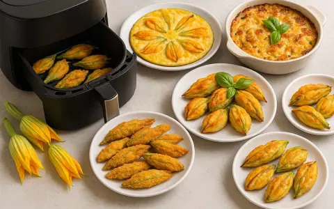 Fiori di zucca in friggitrice ad aria, dorati e croccanti, pronti per essere gustati. Un piatto leggero e saporito.