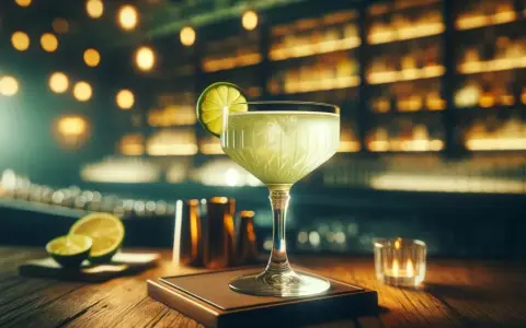 Orzeźwiający gimlet drink z plasterkiem limonki, podany w eleganckim kieliszku na tle rozmytego baru.