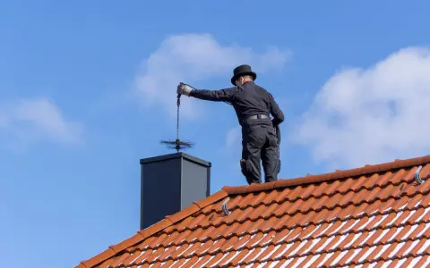 Profesional limpiando tiro chimenea de obra con cepillo. Cielo azul y tejado naranja.