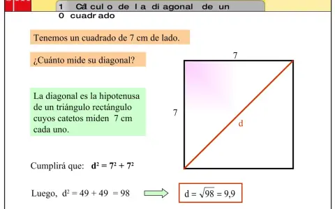 Un cuadrado de 7 cm de lado, con su diagonal marcada. Se explica cómo calcular la diagonal usando el teorema de Pitágoras.