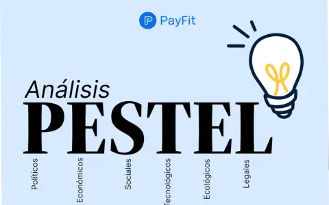 Análisis PESTEL: Políticos, Económicos, Sociales, Tecnológicos, Ecológicos, Legales. Una bombilla ilumina la idea de un análisis estratégico.