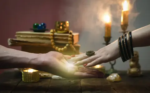 Wizyta u wróżki. Dłonie zbliżają się nad stołem, gdzie palą się świece. W tle stare księgi i tajemnicze przedmioty.