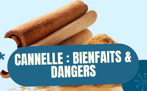 Bâtonnets et poudre de cannelle, avec le texte "Cannelle : bienfaits & dangers". Attention aux dangers de la cannelle.