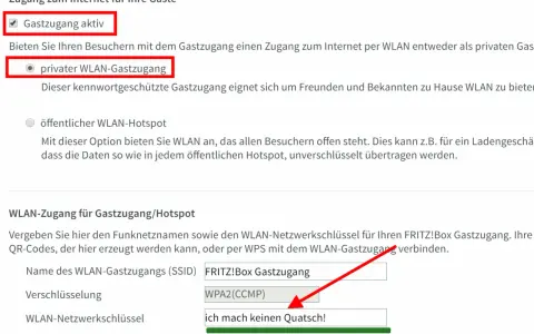 Konfiguration eines privaten WLAN-Gastzugangs. Nachteile: schwache Passwörter wie "ich mach keinen Quatsch!" sind unsicher.