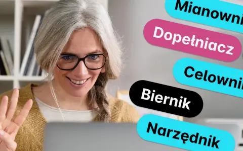 Kobieta z siwymi włosami i okularami uśmiecha się, pokazując trzy palce. Obok niej kolorowe napisy: Mianownik, Dopełniacz, Celownik, Biernik, Narzędnik – to rzeczownik od czasownika.