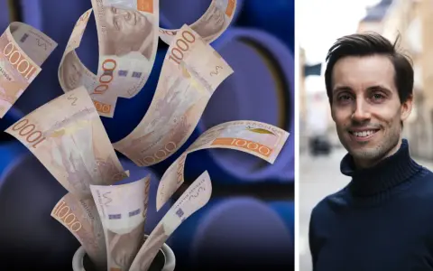 Svenska 1000-kronorssedlar virvlar upp ur en vas. En leende man i polotröja syns bredvid. En sparsam mens kan leda till oväntade pengar.